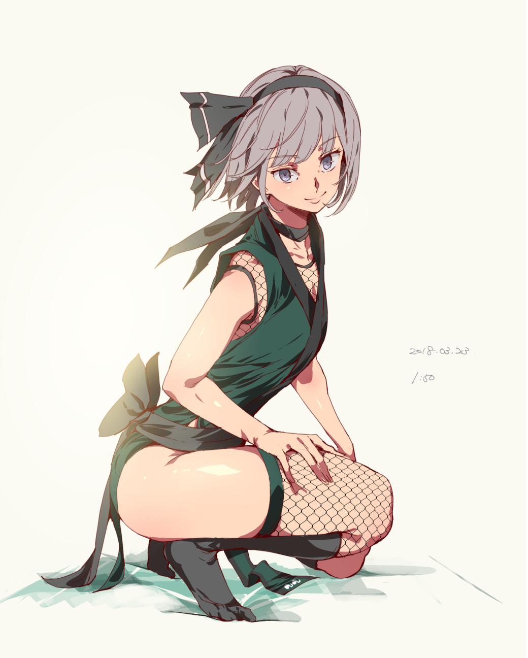 1girl ass breasts fishnet_legwear fishnets full_body grey_eyes grey_hair highres konpaku_youmu looking_at_viewer medium_breasts ninja nyuu_(manekin-eko) short_hair smile solo squatting thigh-highs touhou