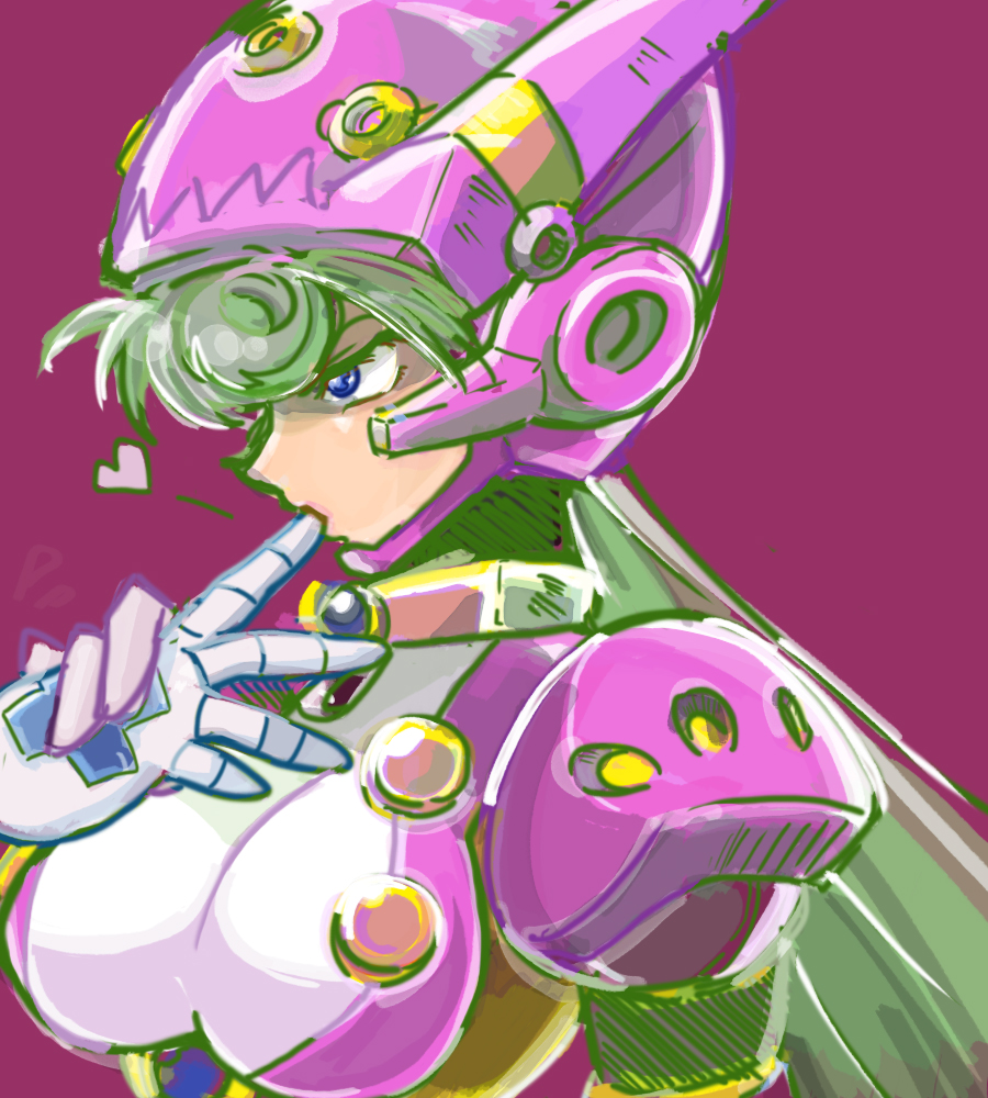 1girl android blue_eyes breasts capcom commentary_request finger_sucking finger_to_mouth gloves green_hair hakushin hand_holding heart helmet large_breasts long_hair marino purple_background rockman rockman_x rockman_x_command_mission solo_focus upper_body white_gloves