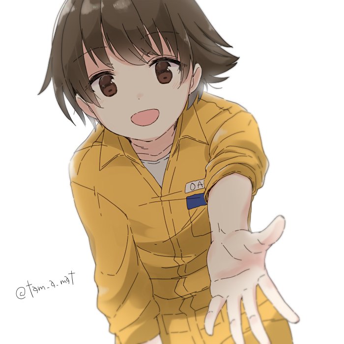 1girl bangs blurry blurry_foreground brown_eyes brown_hair commentary depth_of_field eyebrows_visible_through_hair foreshortening girls_und_panzer jumpsuit long_sleeves looking_at_viewer mechanic nakajima_(girls_und_panzer) open_mouth orange_jumpsuit outstretched_hand reaching shirt short_hair simple_background sleeves_rolled_up smile solo standing tam_a_mat twitter_username upper_body white_background white_shirt