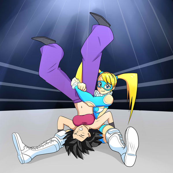 2girls baggy_pants bandai_namco black_hair blonde_hair boots capcom caulifla crossover dragon_ball dragon_ball_super midriff multiple_girls open_mouth pants piledriver rainbow_mika saiyan smile street_fighter street_fighter_zero_(series) teeth touei twintails vambraces wrestling wrestling_mask wrestling_outfit wrestling_ring