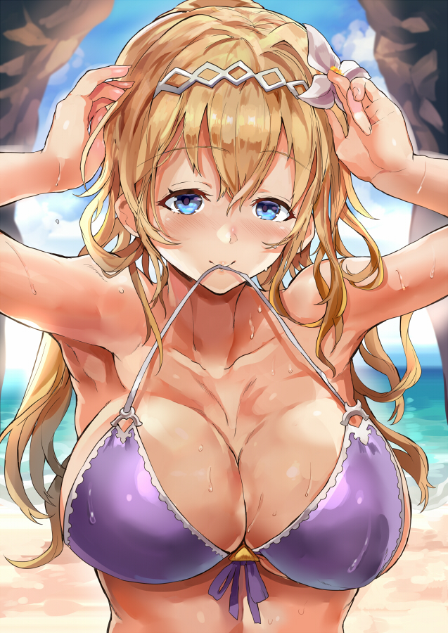 1girl armpits arms_up beach blonde_hair blue_eyes blush breasts cleavage commentary_request granblue_fantasy hairband himuro_(dobu_no_hotori) jeanne_d'arc_(granblue_fantasy) large_breasts long_hair looking_at_viewer mouth_hold ocean purple_bikini_top smile solo upper_body