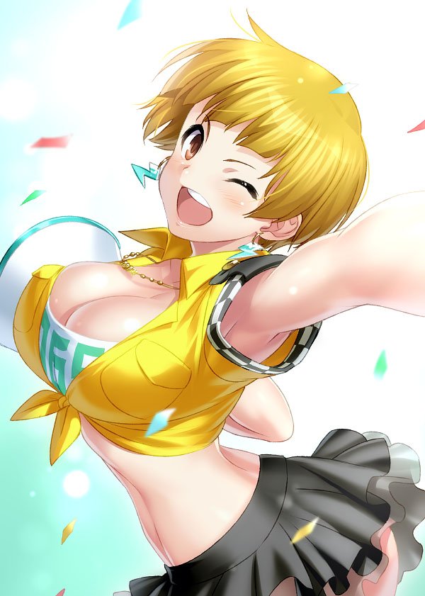 1girl :d armpit_peek armpits black_skirt blonde_hair blush breasts cleavage commentary confetti earrings fukuda_noriko idolmaster idolmaster_million_live! idolmaster_million_live!_theater_days jewelry large_breasts looking_at_viewer miniskirt necklace one_eye_closed open_mouth shirt shirt_pocket short_hair skirt smile strapless teeth tied_shirt tubetop volleyball yellow_shirt zen