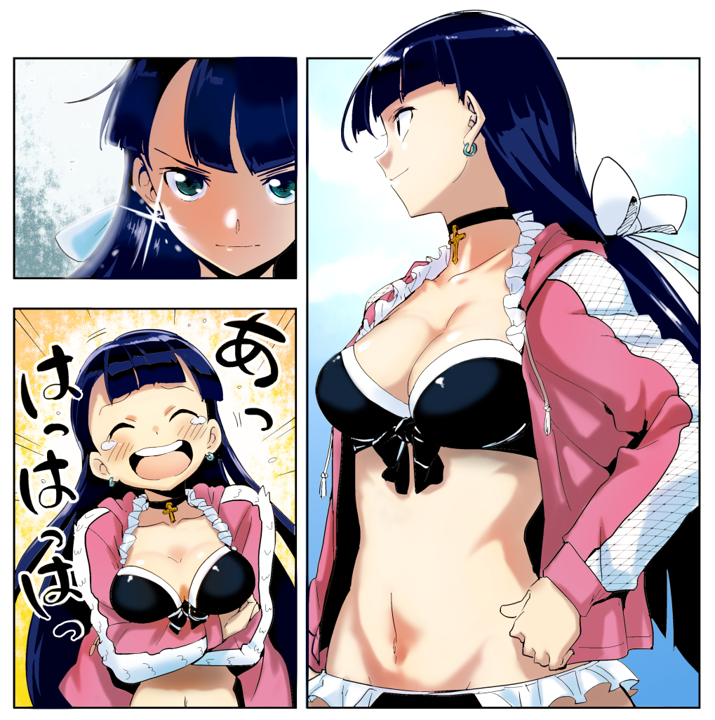 1girl aoba_(smartbeat) bikini black_bikini black_bow black_choker blush bow breasts choker cleavage closed_mouth collarbone comic cross_choker drawstring earrings emphasis_lines facing_viewer fate/grand_order fate_(series) frilled_bikini frills front-tie_top glint green_eyes hair_ribbon happy_tears jacket jewelry laughing long_hair long_sleeves looking_at_viewer medium_breasts navel open_clothes open_jacket pendant pink_jacket ribbon saint_martha shiny shiny_hair smile stomach swimsuit teardrop tears track_jacket translation_request tsurime upper_teeth v-shaped_eyebrows very_long_hair white_ribbon