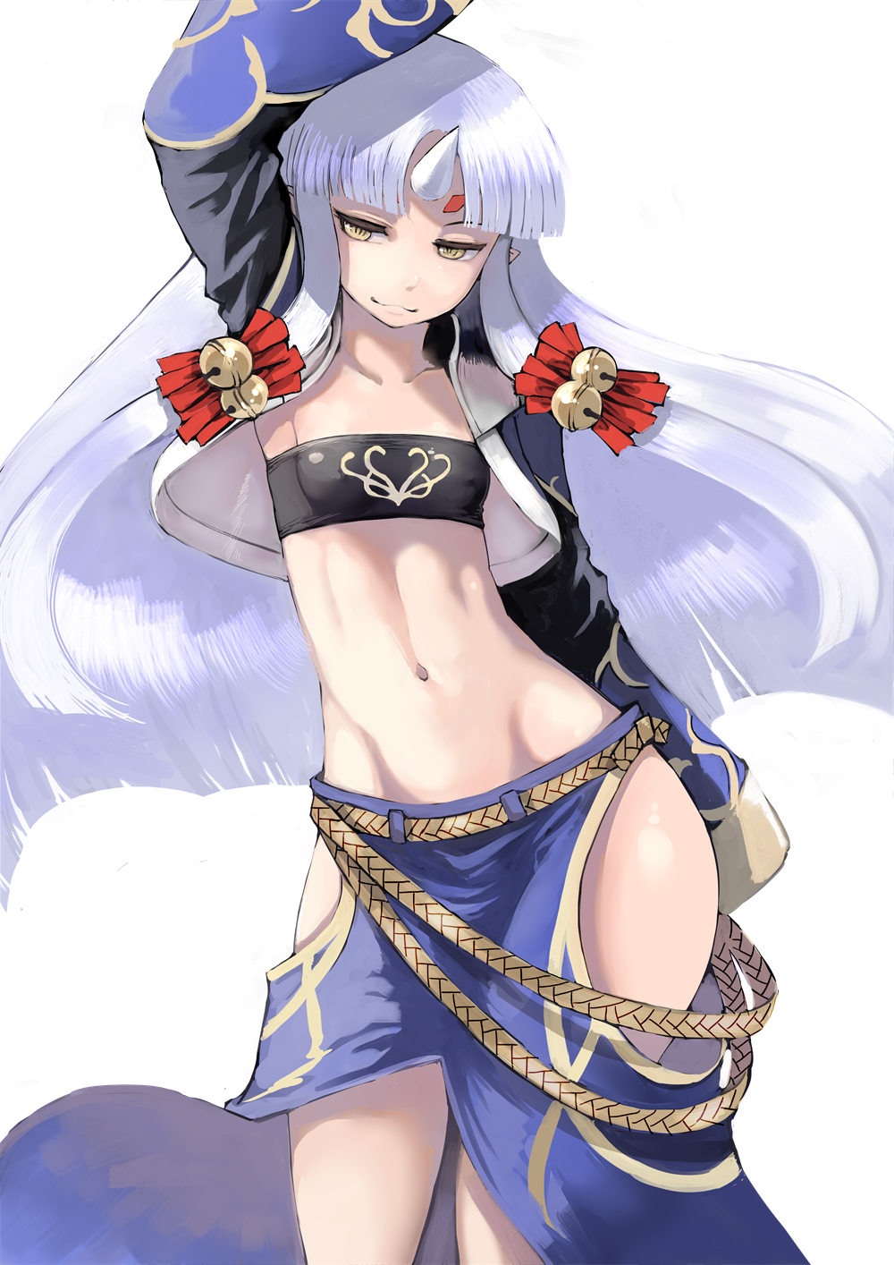1girl :3 arm_behind_back arm_up bangs bell blue_hair blue_skirt closed_mouth contrapposto cropped_jacket erect_nipples facial_mark forehead_mark hair_bell hair_ornament highres hip_vent hips horn jacket jingle_bell johan_(johan13) long_hair long_sleeves looking_at_viewer open_clothes open_jacket parted_bangs pointy_ears shiny shiny_hair simple_background skirt sleeves_past_fingers smile solo standing stomach straight_hair strapless super_robot_wars super_robot_wars_og_saga_mugen_no_frontier suzuka_hime thigh-highs tubetop very_long_hair white_background wide_sleeves yellow_eyes