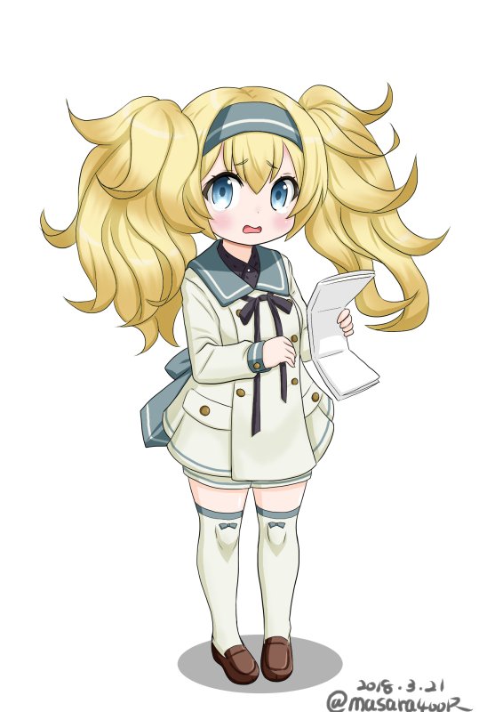 1girl blonde_hair blue_eyes blue_hairband blue_sailor_collar commentary dated dress gambier_bay_(kantai_collection) hair_between_eyes hairband kantai_collection long_hair looking_at_viewer map_(object) masara_(masalucky2010) open_mouth sailor_collar sailor_dress simple_background solo standing thigh-highs twintails twitter_username white_background white_dress white_legwear