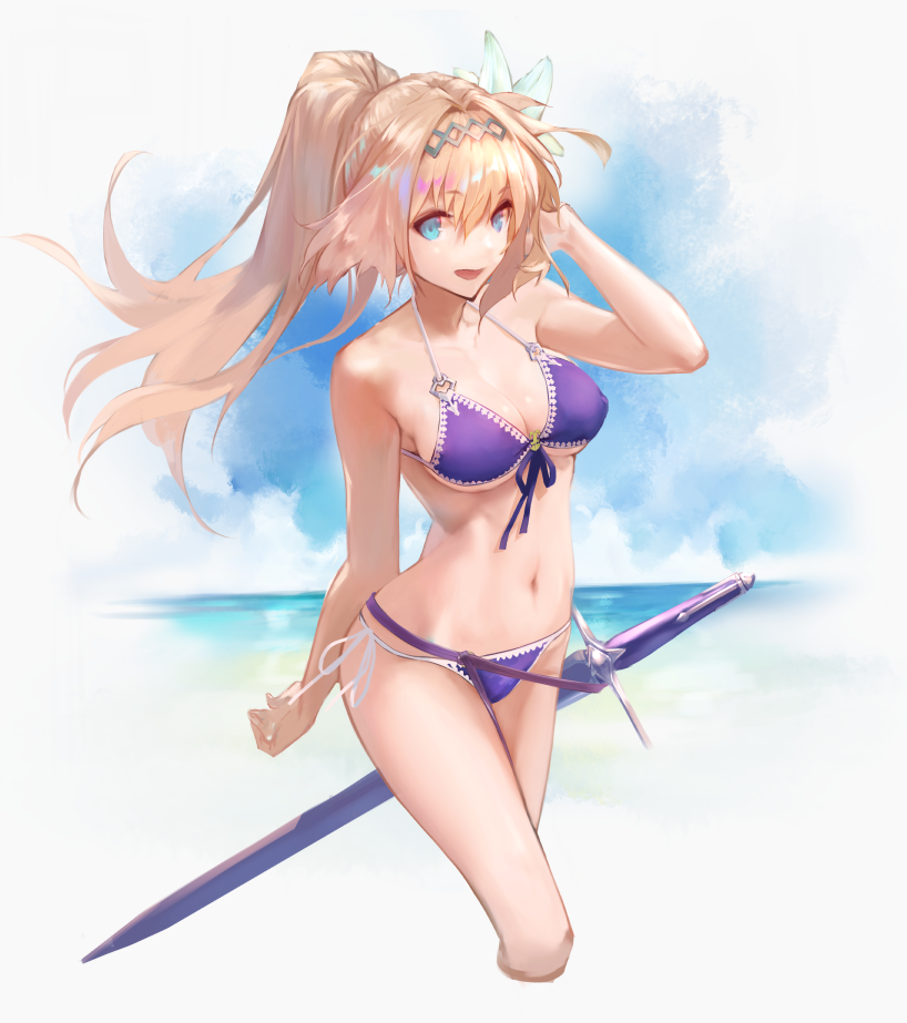 1girl :d arm_behind_back arm_up bare_shoulders bikini blonde_hair blue_eyes blue_sky breasts cleavage clouds collarbone cropped_legs day eyebrows_visible_through_hair flower front-tie_bikini front-tie_top granblue_fantasy ha2ru hair_between_eyes hair_flower hair_intakes hair_ornament hairband halterneck hand_in_hair high_ponytail horizon jeanne_d'arc_(granblue_fantasy) light_brown_hair long_hair looking_at_viewer medium_breasts navel ocean open_mouth outdoors purple_bikini purple_ribbon ribbon sheath sheathed side-tie_bikini sky smile solo standing stomach swimsuit sword thighs under_boob water weapon white_ribbon