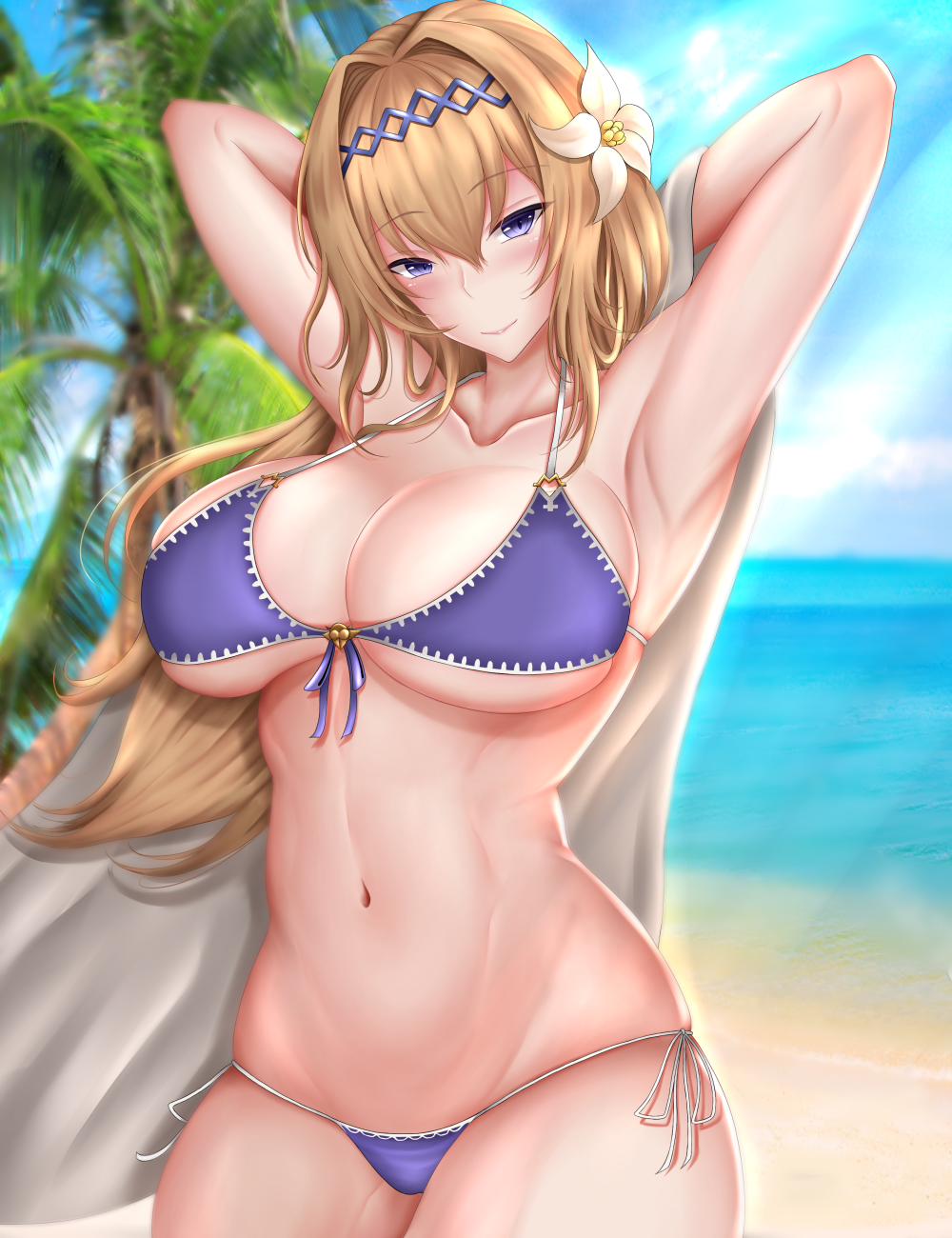 1girl armpits arms_behind_head bangs bare_shoulders beach bikini blonde_hair blue_eyes blush breasts cleavage flower granblue_fantasy hair_flower hair_ornament hairband highres isawo_(lucanus19) jeanne_d'arc_(granblue_fantasy) large_breasts long_hair looking_at_viewer navel palm_tree sand stomach swimsuit tree water