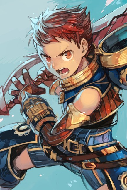 1boy armor belt belt_buckle buckle green_background hankuri looking_at_viewer male_focus open_mouth red_eyes redhead rex_(xenoblade_2) short_hair solo xenoblade_2