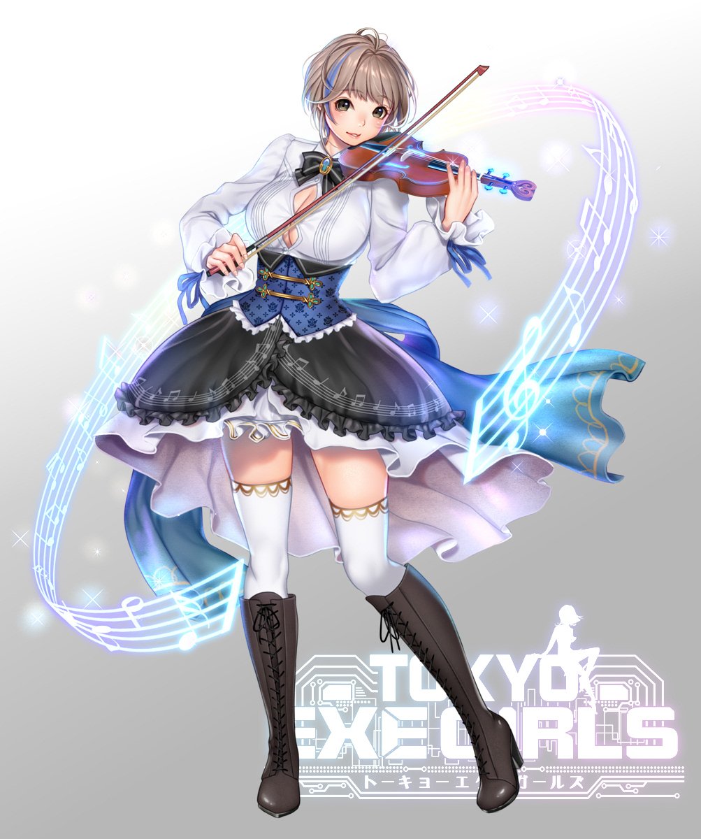 1girl bangs blue_hair boots bow bowtie breasts brown_eyes brown_footwear brown_hair bursting_breasts buttons commentary corset cross-laced_footwear dress eyebrows_visible_through_hair fingernails frills full_body gradient gradient_background highres holding instrument knee_boots lace-up_boots large_breasts lips logo long_sleeves looking_at_viewer masami_chie multicolored_hair musical_note musical_note_print neon_trim official_art parted_lips shiny shirt short_dress short_hair simple_background smile solo sparkle standing thigh-highs tokyo_exe_girls violin violin_bow white_legwear white_shirt zettai_ryouiki
