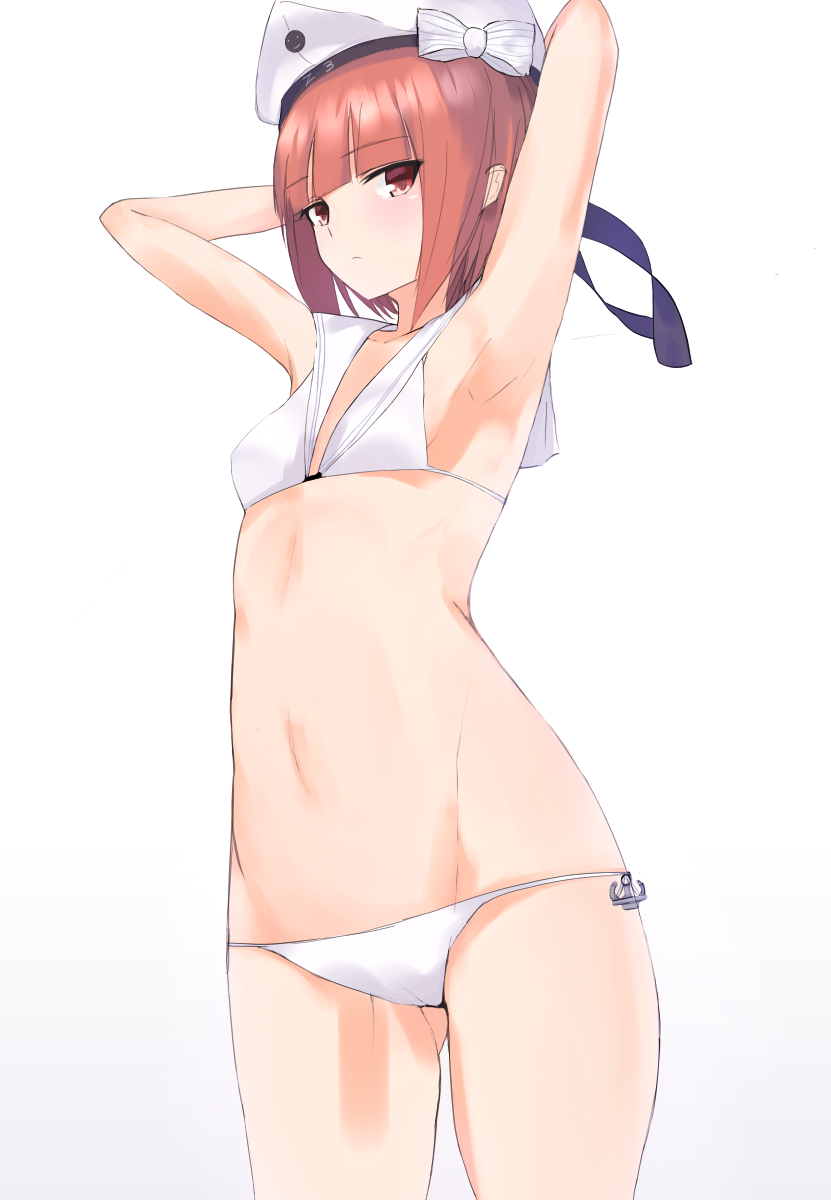 1girl armpits arms_up auburn_hair bikini brown_eyes clothes_writing cowboy_shot flat_chest gluteal_fold groin hat highres kantai_collection looking_at_viewer lowleg lowleg_bikini redhead sailor_bikini sailor_collar sailor_hat short_hair simple_background solo swimsuit tsubapi_(pupi57) white_background white_bikini white_hat z3_max_schultz_(kantai_collection)