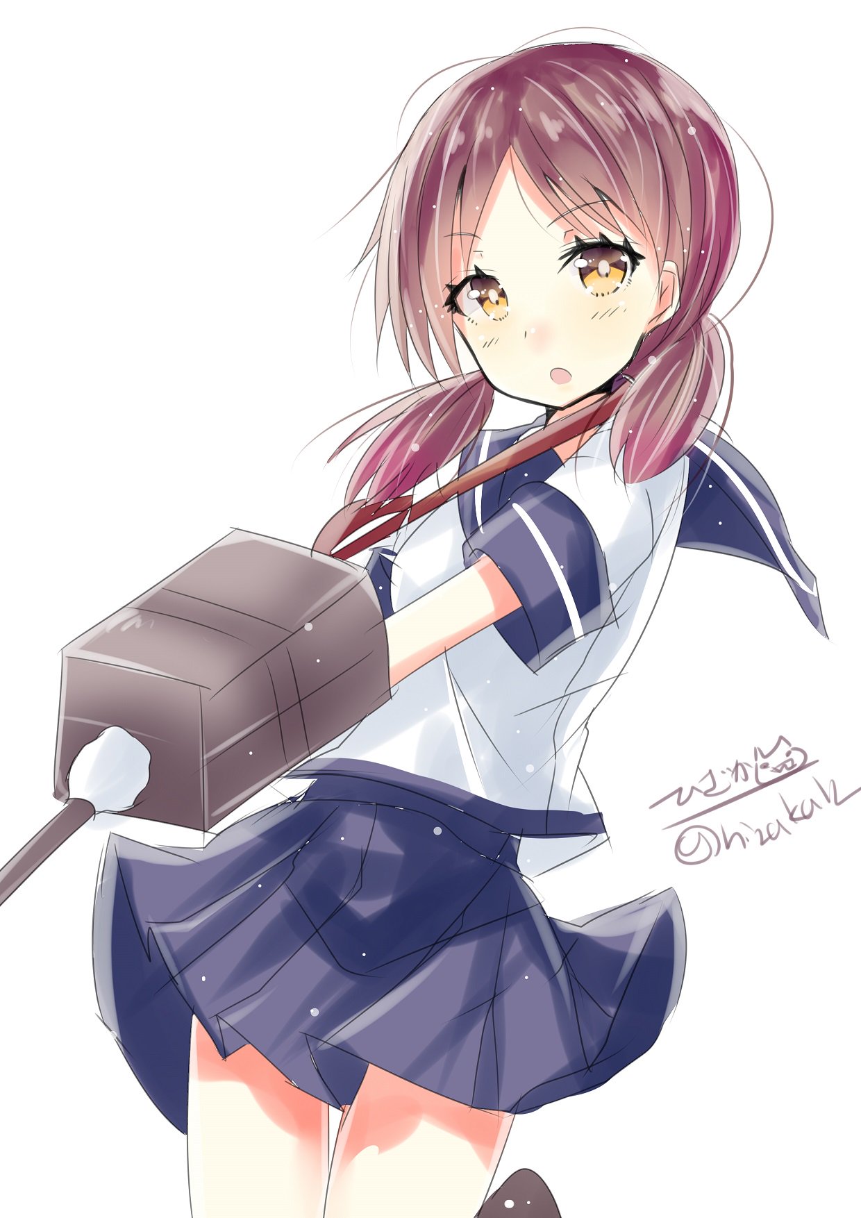 1girl blue_skirt brown_hair dress eyebrows_visible_through_hair gun highres hizaka kantai_collection long_hair looking_at_viewer miniskirt open_mouth sailor_collar sailor_dress school_uniform serafuku shirayuki_(kantai_collection) shirt short_sleeves simple_background skirt solo turret twintails weapon white_background white_shirt yellow_eyes