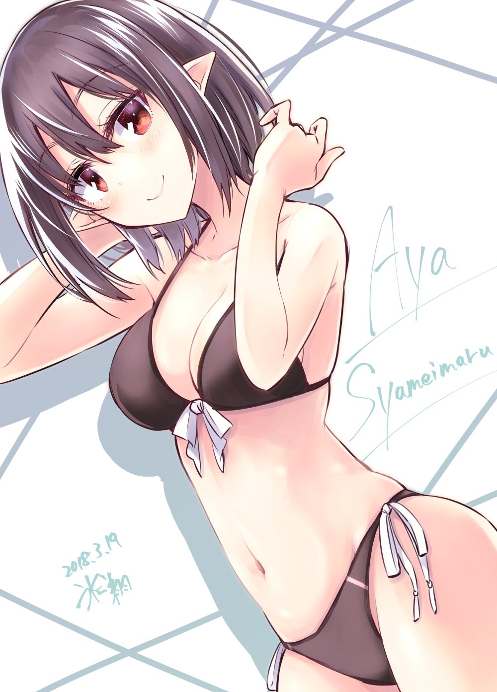 1girl arms_up bangs bikini black_bikini black_hair blush breasts character_name cleavage closed_mouth cowboy_shot dated dutch_angle eyebrows_visible_through_hair front-tie_bikini front-tie_top hand_in_hair highres hikawa_shou looking_at_viewer medium_breasts navel pointy_ears red_eyes ribbon shameimaru_aya short_hair side-tie_bikini signature skindentation smile solo standing stomach swimsuit thighs touhou two-tone_background white_ribbon