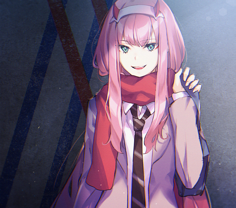 1girl aqua_eyes arm_up bag bangs black_neckwear chromatic_aberration darling_in_the_franxx eyebrows_visible_through_hair eyeshadow hairband horns long_hair long_sleeves looking_at_viewer makeup naguri necktie partially_opened_mouth pink_hair red_scarf scarf school_bag school_uniform sidelocks smile solo upper_body white_hairband zero_two_(darling_in_the_franxx)