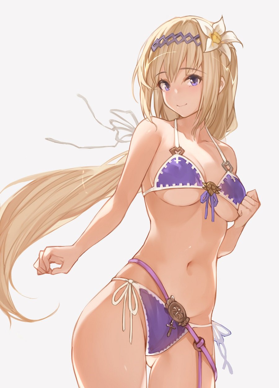 1girl bare_shoulders bikini blonde_hair blue_eyes breasts collarbone commentary_request flower granblue_fantasy grey_background groin hair_flower hair_ornament hana_mori highres jeanne_d'arc_(granblue_fantasy) looking_at_viewer mouth_hold navel purple_bikini side-tie_bikini simple_background solo swimsuit