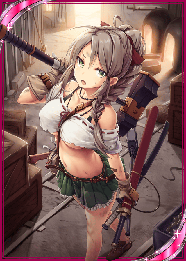 1girl akkijin blacksmith box braid breasts brown_hair card_(medium) frilled_skirt frills gloves green_eyes green_skirt hammer indoors official_art shinkai_no_valkyrie skirt solo sword under_boob weapon