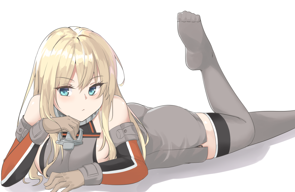 1girl bare_shoulders bismarck_(kantai_collection) blonde_hair blue_eyes breasts brown_gloves detached_sleeves gloves grey_legwear hair_between_eyes kantai_collection large_breasts long_hair military military_uniform no_hat no_headwear simple_background solo thigh-highs tiasis uniform white_background