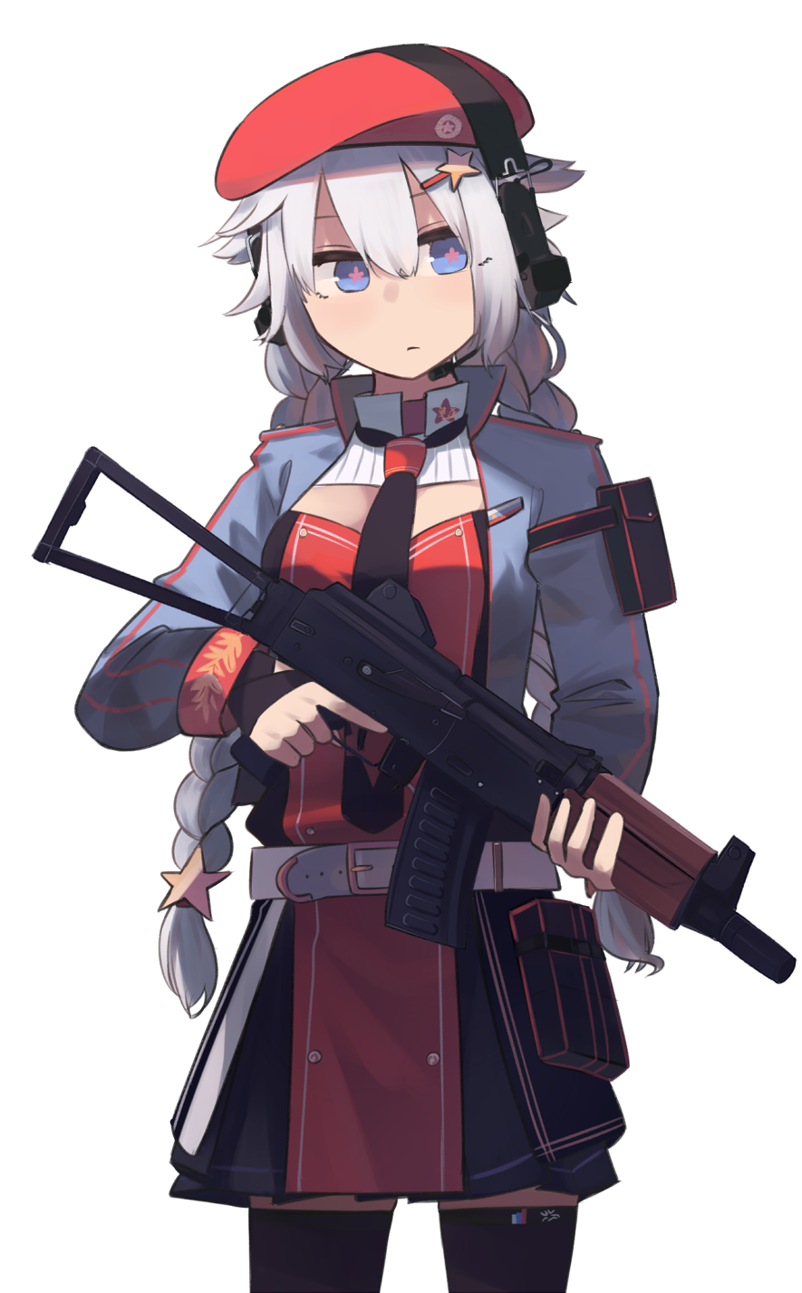 +_+ 1girl belt beret black_legwear black_neckwear blue_eyes blue_jacket braid breasts closed_mouth eyebrows_visible_through_hair feet_out_of_frame flower-shaped_pupils girls_frontline grey_hair hair_ornament hat hat_ornament headphones highres hinami047 holding holding_weapon jacket long_hair looking_at_viewer low_twintails necktie open_clothes open_jacket ots-12 ots-12_(girls'_frontline) red_headwear russian_flag solo soviet_flag standing star-shaped_pupils star_(symbol) star_hair_ornament star_hat_ornament symbol-shaped_pupils thigh-highs twin_braids twintails weapon white_background white_belt