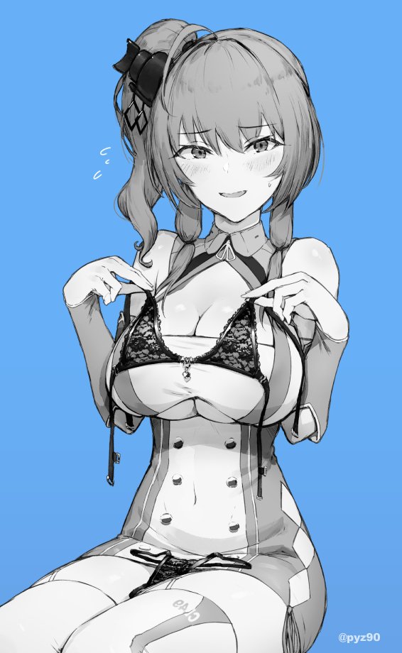 1girl :d azur_lane bangs bare_shoulders blue_background blush bra breasts cleavage cleavage_cutout covered_navel detached_sleeves double-breasted dress eyebrows_visible_through_hair flying_sweatdrops hair_tie headgear holding holding_bra lace lace-trimmed_bra large_breasts long_hair long_sleeves looking_at_viewer monochrome open_mouth panties pyz_(cath_x_tech) ribbon short_dress side_ponytail sidelocks simple_background sitting smile solo st._louis_(azur_lane) sweatdrop thigh-highs thong under_boob underboob_cutout underwear