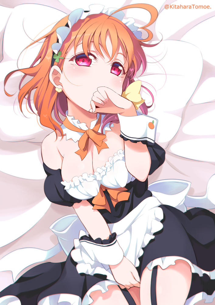 1girl ahoge apron bangs bed_sheet between_legs bow bowtie breasts cleavage commentary_request covering_mouth detached_collar earrings frilled_apron frilled_cuffs frills garter_straps hair_bow hand_between_legs hand_to_own_mouth heart heart_ahoge heart_earrings jewelry kitahara_tomoe_(kitahara_koubou) looking_at_viewer love_live! love_live!_sunshine!! lying maid maid_headdress medium_breasts on_back orange_hair orange_neckwear pillow red_eyes sash solo takami_chika twitter_username waist_apron wrist_cuffs yellow_bow