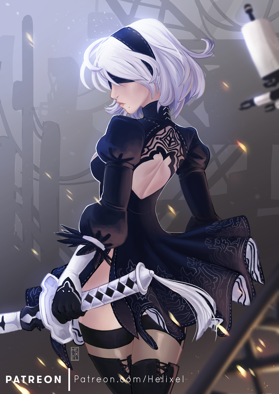 1girl back_cutout black_dress black_gloves black_hairband blindfold boots breasts covered_eyes dress feather-trimmed_sleeves from_behind gloves hairband helixel highres holding holding_weapon juliet_sleeves katana lips long_sleeves looking_back medium_breasts mole mole_under_mouth nier_(series) nier_automata patreon_username puffy_sleeves short_hair side_slit silver_hair slender_waist solo sword thigh-highs thigh_boots thighhighs_under_boots weapon yorha_no._2_type_b
