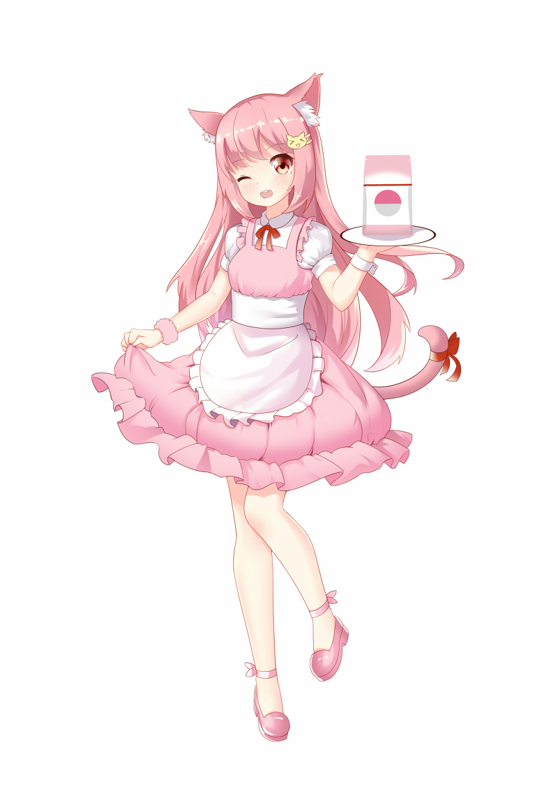 1girl ;d animal_ears apron bangs blush cat_ears cat_girl cat_tail chihong_de_tianshi dress eyebrows_visible_through_hair frilled_apron frills full_body head_tilt holding holding_tray long_hair looking_at_viewer one_eye_closed open_mouth original personification pink_dress pink_footwear pink_hair puffy_short_sleeves puffy_sleeves red_eyes red_ribbon ribbon shirt shoes short_sleeves simple_background skirt_hold sleeveless sleeveless_dress smile solo standing standing_on_one_leg tail tail_ribbon tray upper_teeth very_long_hair waist_apron white_apron white_background white_shirt