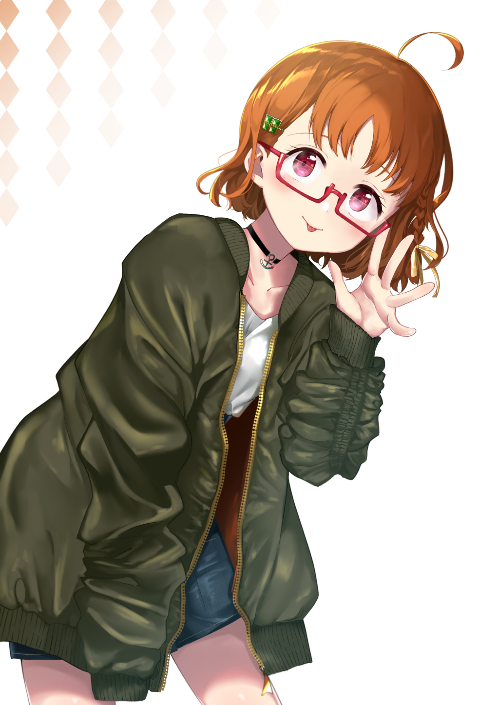 1girl :p ahoge anchor_choker bangs bespectacled black_coat blush braid choker clover_hair_ornament commentary_request cowboy_shot glasses hair_ornament hair_ribbon hairclip hand_up highres leaning long_sleeves looking_at_viewer love_live! love_live!_sunshine!! orange_hair oversized_clothes red-framed_eyewear red_eyes ribbon semi-rimless_eyewear short_hair shorts side_braid solo takami_chika tongue tongue_out under-rim_eyewear yellow_ribbon yuama_(drop)