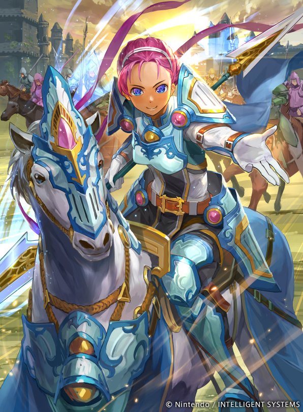 1girl armor armored_boots blue_eyes boots company_name dark_skin faceless faceless_male fiona_(fire_emblem) fire_emblem fire_emblem:_akatsuki_no_megami fire_emblem_cipher gloves hairband helmet hmk84 horse official_art pink_hair polearm sky solo spear weapon