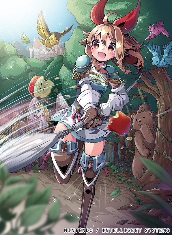 apple bear bird boots bow braid brown_eyes brown_hair company_name emma_(fire_emblem) fire_emblem fire_emblem_cipher food fruit gloves kei_s01 long_hair official_art open_mouth pegasus polearm ponytail sky solo sparkle spear teeth tree weapon