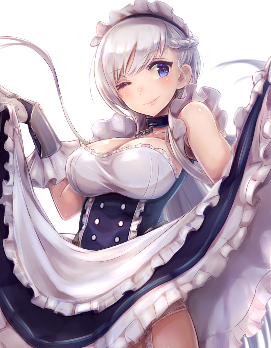 1girl ;) apron arm_guards azur_lane bangs bare_shoulders belfast_(azur_lane) black_skirt blush braid breasts chains cleavage collar cowboy_shot elbow_gloves french_braid frilled_apron frilled_gloves frilled_skirt frills garter_straps gloves high-waist_skirt highres large_breasts lifted_by_self lips long_hair looking_at_viewer maid maid_headdress mappaninatta one_eye_closed panties panty_peek revision shiny shiny_hair silver_hair simple_background skirt skirt_lift sleeveless smile solo standing swept_bangs underwear violet_eyes waist_apron white_background white_gloves white_panties