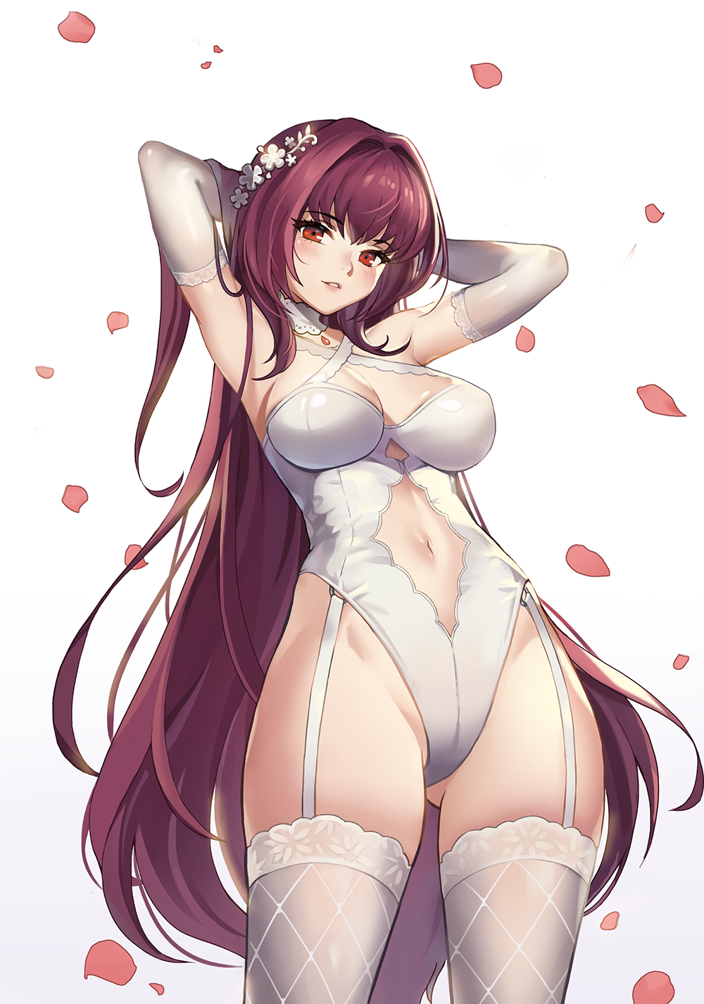 1girl armpits arms_up bangs blush breasts cleavage criss-cross_halter detached_collar elbow_gloves eyebrows_visible_through_hair fate/grand_order fate_(series) garter_straps gloves hair_intakes hair_ornament halterneck highleg highleg_leotard highres hips jewelry lace lace-trimmed_thighhighs large_breasts leotard long_hair looking_at_viewer navel navel_cutout parted_lips pendant petals purple_hair red_eyes romiya scathach_(fate/grand_order) simple_background smile solo thigh-highs thighs very_long_hair white_background white_gloves white_legwear white_leotard