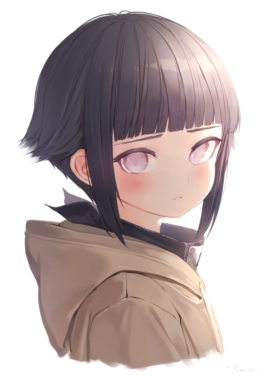 1girl bangs black_hair blunt_bangs blush brown_hoodie cropped_torso drawstring forehead_protector from_side hakura_kusa headband_around_neck highres hood hood_down hoodie hyuuga_hinata lavender_eyes light looking_at_viewer looking_to_the_side naruto parted_lips short_hair sidelocks signature simple_background solo upper_body white_background