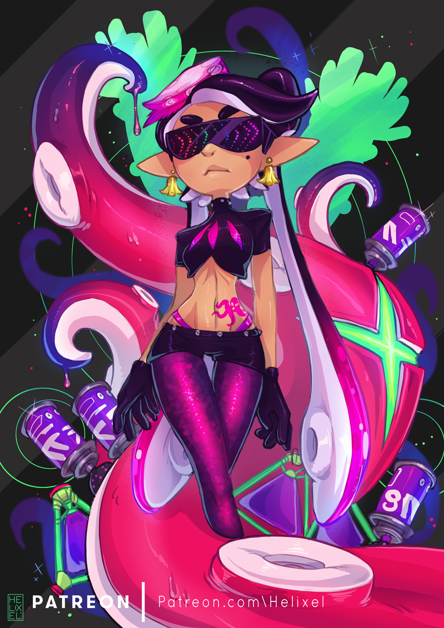 1girl alternate_costume aori_(splatoon) black_gloves black_hair breasts commentary crop_top earrings food food_on_head gloves helixel highleg highleg_panties highres jewelry legs_crossed midriff mole mole_under_eye object_on_head panties pantyhose patreon_username pointy_ears purple_legwear short_shorts shorts small_breasts solo splatoon splatoon_2 standing sunglasses sushi tattoo tentacle tentacle_hair thigh_gap underwear