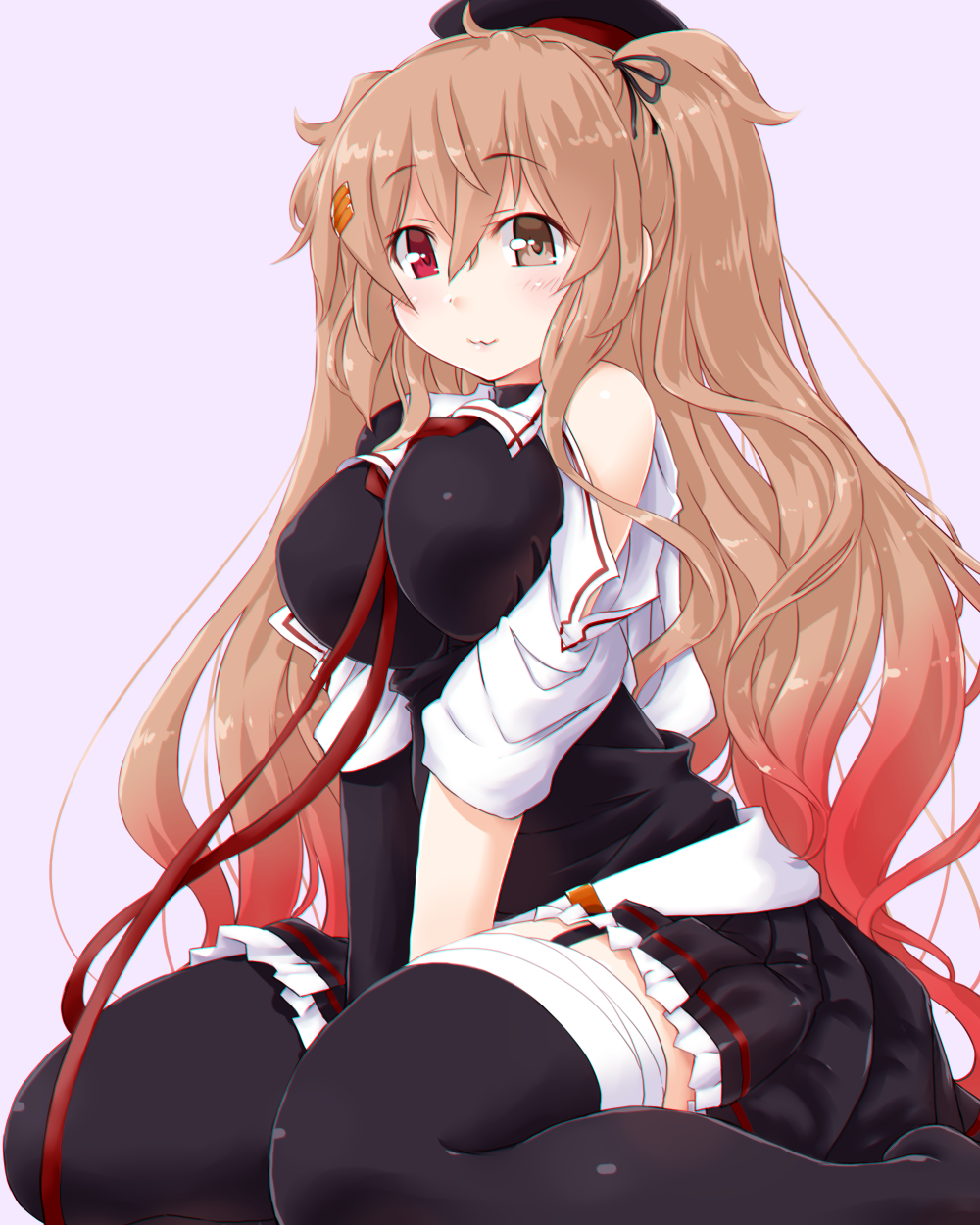 1girl asymmetrical_clothes between_legs black_hat black_legwear breasts brown_eyes dd_(ijigendd) eyebrows_visible_through_hair frilled_skirt frills grey_background hand_between_legs hat heterochromia highres kantai_collection kneeling large_breasts light_brown_hair long_hair looking_at_viewer murasame_(kantai_collection) pleated_skirt red_eyes remodel_(kantai_collection) simple_background single_sleeve skirt solo two_side_up very_long_hair