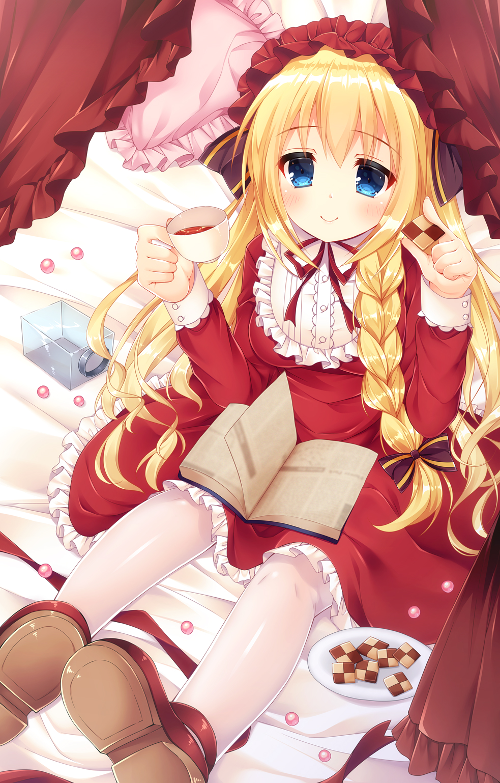 1girl bangs bed_sheet blue_eyes blush book breasts checkerboard_cookie closed_mouth commentary_request cookie cup curtains dress eyebrows_visible_through_hair food frilled_pillow frills fujikura_ryuune hair_between_eyes highres holding holding_cup lolita_fashion long_sleeves looking_at_viewer open_book original pantyhose pigeon-toed pillow pink_pillow plate red_dress red_footwear red_ribbon ribbon sitting small_breasts smile solo tea teacup white_legwear