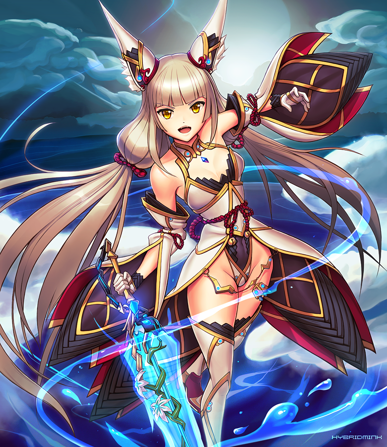 1girl animal_ears bangs bare_shoulders blade blue_sky blunt_bangs boots breasts cleavage clouds detached_sleeves dress full_body gem gloves groin hair_ornament highleg highleg_leotard hybridmink jewelry long_hair looking_at_viewer low_twintails niyah ocean off_shoulder open_mouth silver_hair sky solo spoilers sword thigh-highs thigh_boots twintails very_long_hair weapon xenoblade xenoblade_2 yellow_eyes