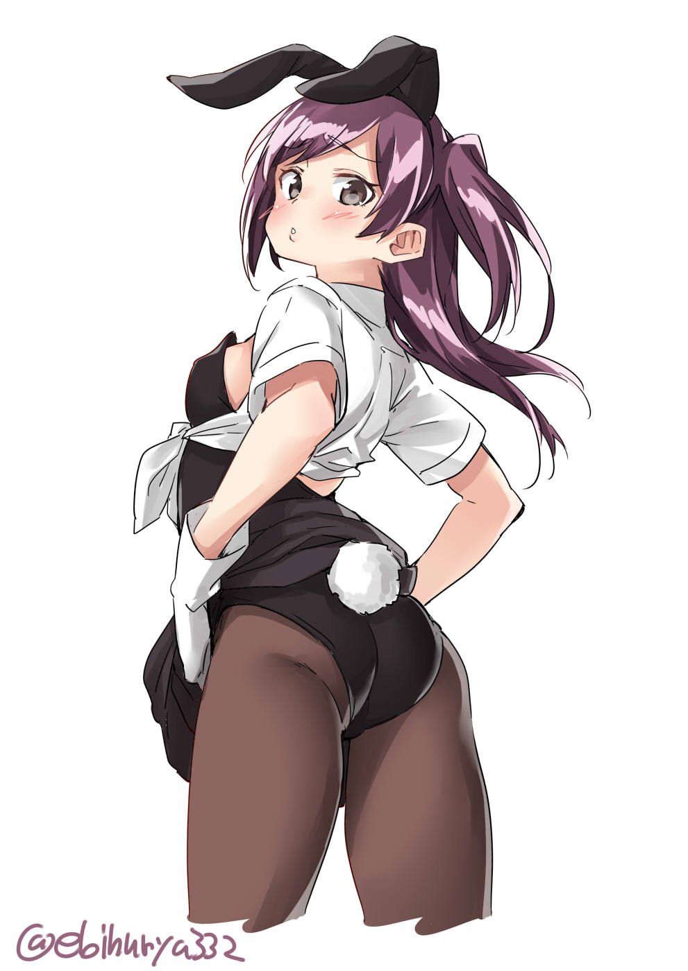 1girl ahoge animal_ears ass black_eyes black_leotard black_skirt blouse bunny_tail bunnysuit cowboy_shot dress_shirt ebifurya from_behind gloves hagikaze_(kantai_collection) highres kantai_collection leotard leotard_under_clothes long_hair looking_at_viewer looking_back one_side_up pantyhose parted_lips purple_hair rabbit_ears shirt simple_background skirt skirt_lift solo standing strapless strapless_leotard tail tied_shirt twitter_username white_background white_blouse white_gloves