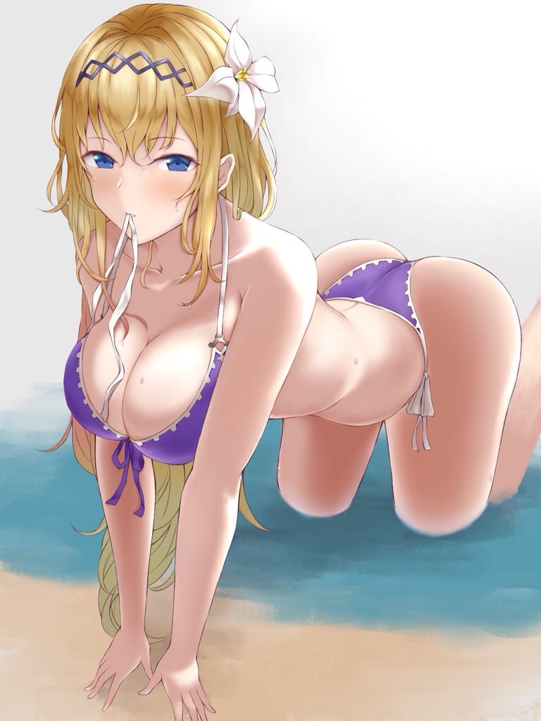 1girl all_fours ass bare_shoulders bikini blonde_hair blue_eyes breasts cleavage flower full_body granblue_fantasy hair_flower hair_ornament hairband jeanne_d'arc_(granblue_fantasy) large_breasts long_hair looking_at_viewer mouth_hold numaguro_(tomokun0808) partially_submerged purple_bikini side-tie_bikini solo swimsuit water