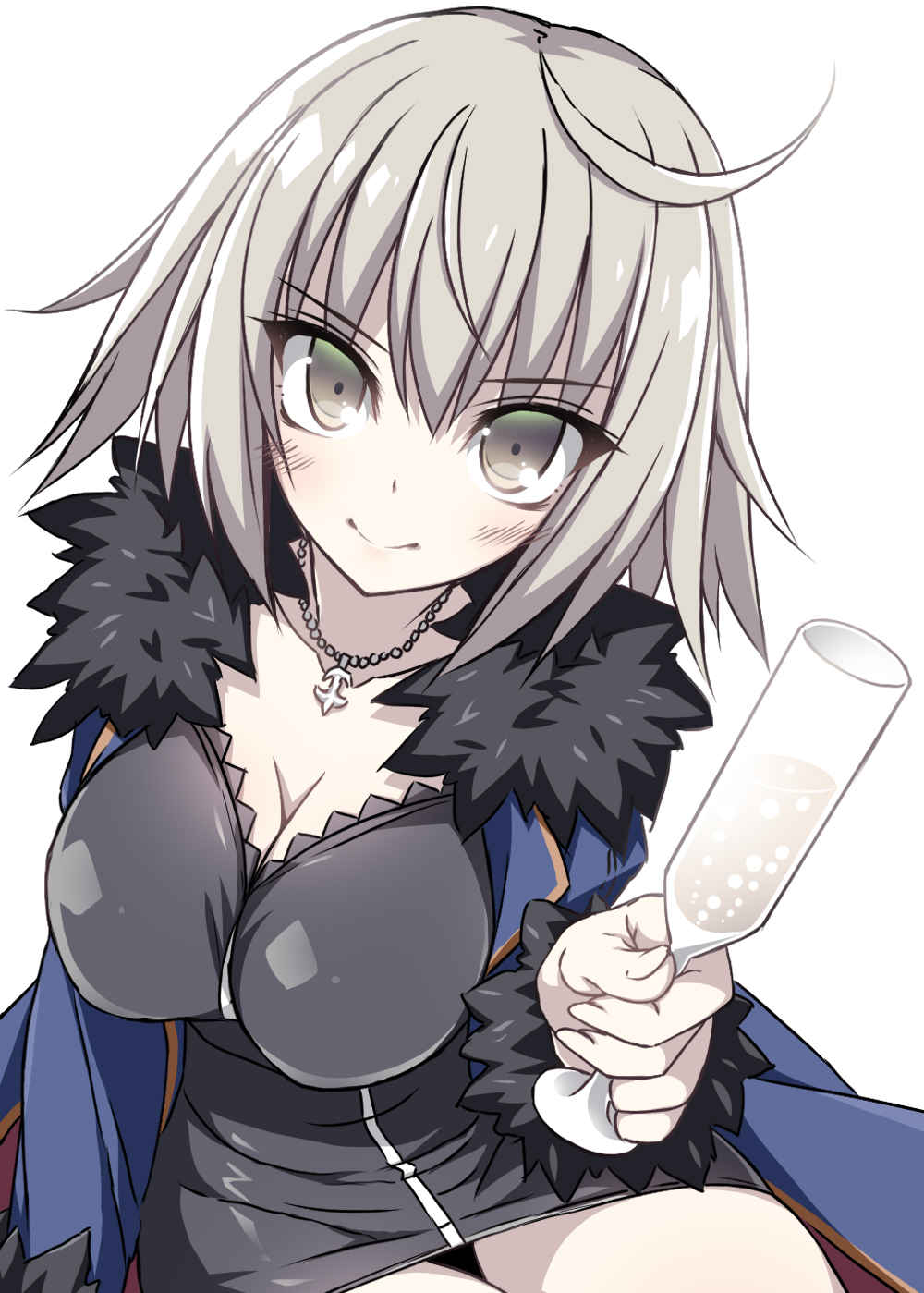 1girl ahoge alcohol black_dress black_footwear black_jacket blue_jacket blush breasts champagne champagne_flute cleavage coat collarbone commentary_request cup dress drinking_glass fate/grand_order fate_(series) full-length_zipper fur-trimmed_coat fur-trimmed_jacket fur-trimmed_sleeves fur_collar fur_trim highres jacket jeanne_d'arc_(alter)_(fate) jeanne_d'arc_(fate)_(all) jewelry large_breasts necklace open_clothes open_coat open_jacket short_dress simple_background smile solo suzuri_(tennenseki) white_background wicked_dragon_witch_ver._shinjuku_1999 wine_glass yellow_eyes zipper