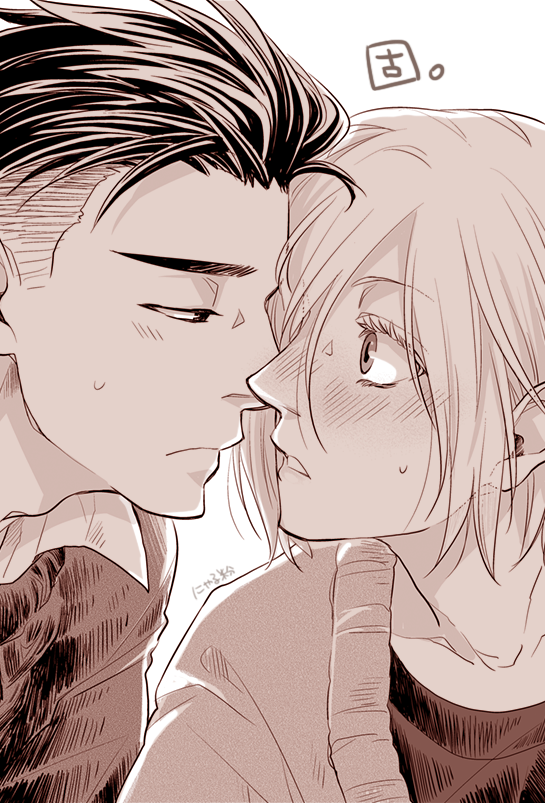 2boys blush imminent_kiss male_focus monochrome multiple_boys nyarulake otabek_altin parted_lips sweat upper_body yaoi yuri!!!_on_ice yuri_plisetsky