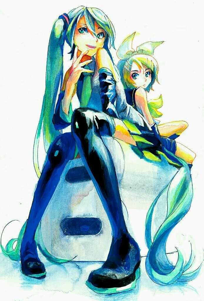 2girls 8 anniversary aqua_eyes aqua_hair back-to-back black_legwear boots detached_sleeves foreshortening gouache_(medium) hand_to_own_mouth hatsune_miku kagamine_rin long_hair looking_at_viewer looking_back multiple_girls necktie number parted_lips perspective sailor_collar sawashi_(ur-sawasi) shirt sitting skirt sleeveless sleeveless_shirt smile thigh-highs thigh_boots traditional_media twintails very_long_hair vocaloid watercolor_(medium)