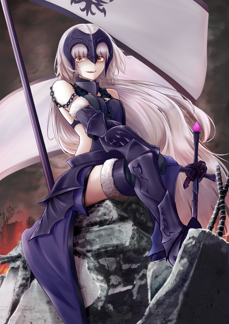1girl ahoge armor armored_dress black_dress black_gloves breasts chains dress eyebrows_visible_through_hair fate/grand_order fate_(series) flag fur_trim gauntlets gloves graphite_(medium) gurifu headpiece highres jeanne_d'arc_(alter)_(fate) jeanne_d'arc_(fate) jeanne_d'arc_(fate)_(all) large_breasts looking_at_viewer shaded_face silver_hair solo sword traditional_media watercolor_(medium) weapon yellow_eyes