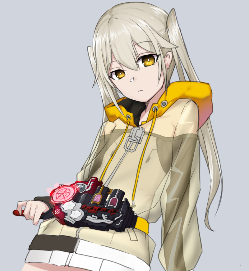 1girl blonde_hair grey_background hood hoodie kamen_rider kamen_rider_build kamen_rider_build_(series) long_hair long_sleeves looking_at_viewer original see-through simple_background solo twintails upper_body xiu_jiayihuizi yellow_eyes