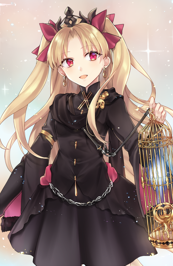 1girl :d armlet bangs birdcage black_dress blush cage chains dress earrings ereshkigal_(fate/grand_order) eyebrows_visible_through_hair fate/grand_order fate_(series) ghost gradient gradient_background hair_ribbon holding hsiao infinity jewelry long_hair long_sleeves looking_at_viewer open_mouth parted_bangs red_eyes red_ribbon ribbon skull smile solo sparkle tiara tohsaka_rin two_side_up very_long_hair