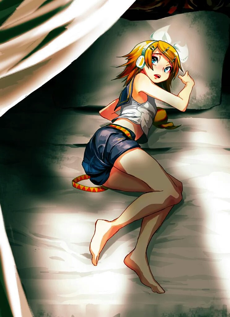 1girl aqua_eyes bare_arms bare_legs barefoot bed blonde_hair blue_eyes bow breasts brother_and_sister crop_top crying crying_with_eyes_open hair_bow hair_ornament hairclip headphones headset kagamine_len kagamine_rin looking_back lying midriff on_side open_mouth pillow sailor_collar sawashi_(ur-sawasi) scared shadow shirt short_hair shorts siblings silhouette sleeveless sleeveless_shirt small_breasts solo_focus tears twins vocaloid yellow_neckwear