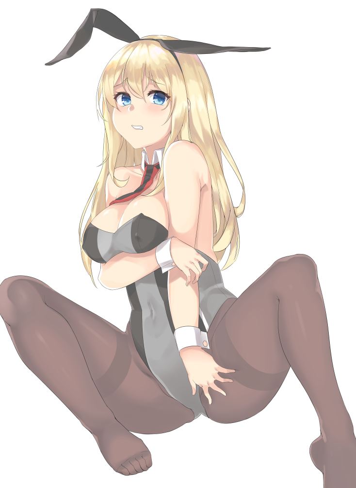 1girl adapted_costume animal_ears bare_shoulders bismarck_(kantai_collection) black_legwear blonde_hair blue_eyes breasts bunnysuit detached_collar erect_nipples fake_animal_ears feet grey_leotard kantai_collection leotard lips long_hair medium_breasts no_shoes pantyhose rabbit_ears solo strapless strapless_leotard thighband_pantyhose tiasis toes wrist_cuffs