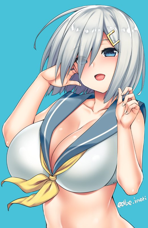 1girl abe_inori adapted_costume adjusting_hair bare_arms blue_background blue_eyes blush breasts cleavage collarbone commentary_request hair_ornament hair_over_one_eye hairclip hamakaze_(kantai_collection) hands_up kantai_collection large_breasts looking_at_viewer midriff neckerchief open_mouth sailor_collar short_hair silver_hair simple_background smile solo upper_body waist white_bikini_top yellow_neckwear