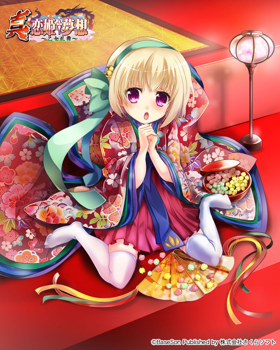 1girl bell blonde_hair bow bowl candy copyright_name fan floral_print folding_fan food hair_bow hands_together highres japanese_clothes jingle_bell kapimaru kimono koihime_musou open_mouth red_eyes red_skirt ribbon shokatsuryou short_hair sitting skirt solo thigh-highs white_legwear