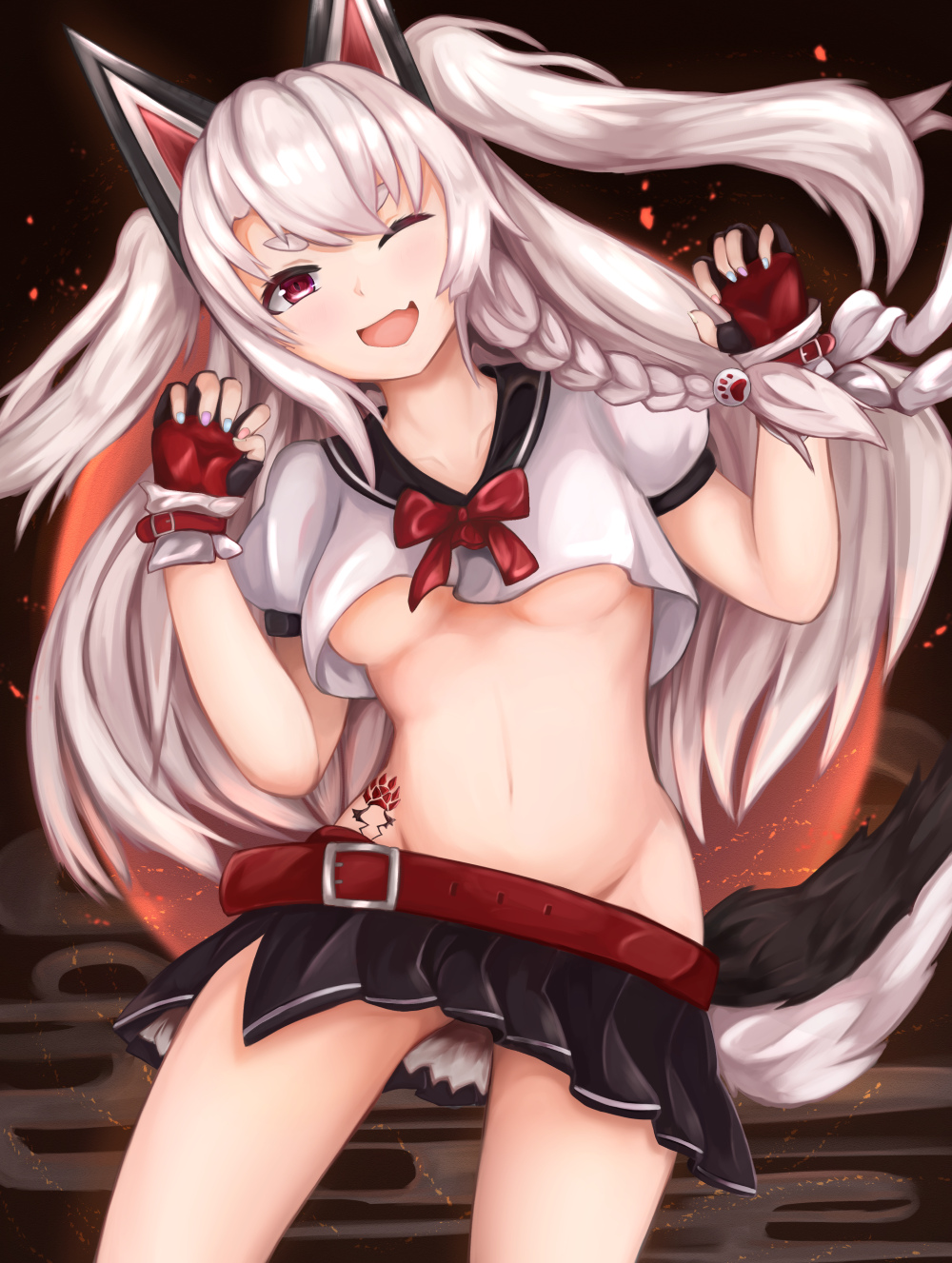 1girl ;d animal_ears azur_lane bangs belt belt_buckle black_sailor_collar black_skirt blush braid breasts buckle claw_pose contrapposto cowboy_shot crop_top crop_top_overhang fake_animal_ears fang fingerless_gloves gloves groin hair_ornament highres leaning_to_the_side legs_apart long_hair miniskirt multicolored multicolored_nail_polish nail_polish neck_ribbon one_eye_closed open_mouth pleated_skirt puffy_short_sleeves puffy_sleeves red_gloves red_neckwear red_ribbon ribbon ryara_vivi sailor_collar shirt short_sleeves side_braid side_slit silver_hair skirt small_breasts smile smoke solo standing sun tail tattoo thick_eyebrows thighs two_side_up under_boob v-shaped_eyebrows very_long_hair violet_eyes w_arms white_shirt wolf_ears wolf_tail yuudachi_(azur_lane)