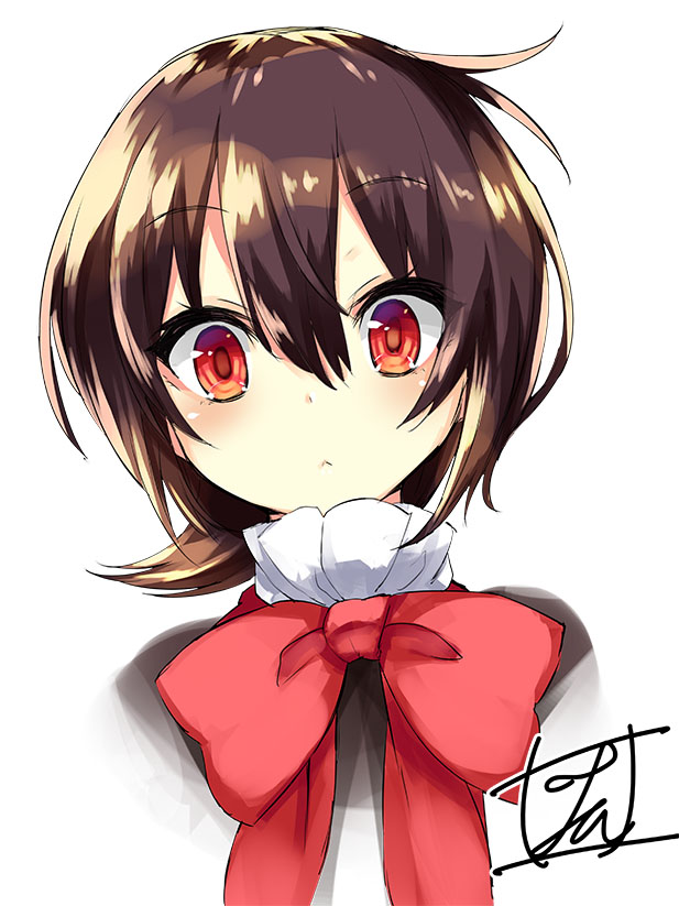 1girl bangs blush bow bowtie brown_hair closed_mouth commentary_request eyebrows_visible_through_hair face hair_between_eyes houjuu_nue looking_at_viewer portrait red_bow red_eyes red_neckwear short_hair signature simple_background solo tirotata touhou white_background