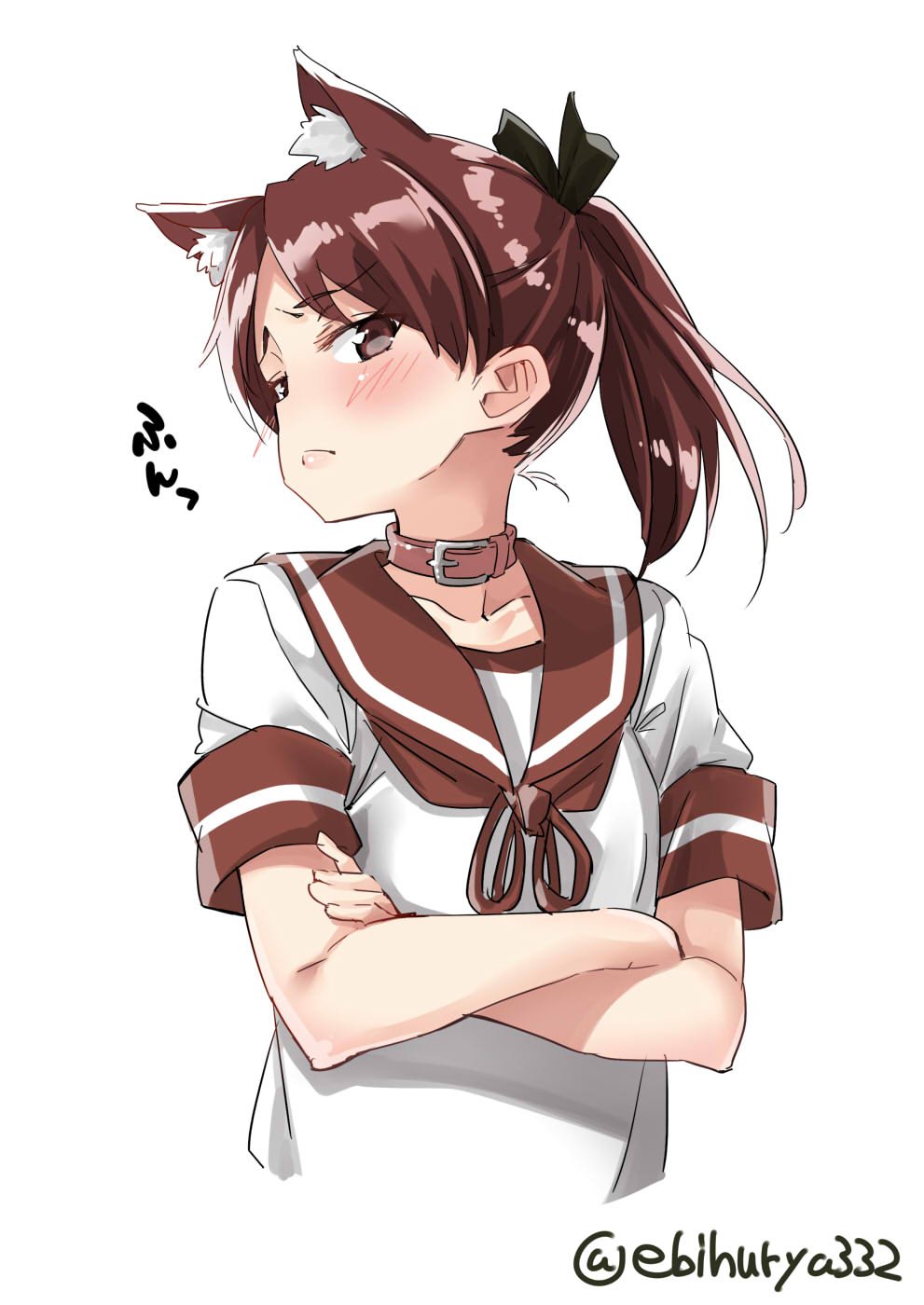 1girl animal_ears brown_eyes brown_hair brown_sailor_collar cat_ears collar crossed_arms ebifurya hair_ribbon highres kantai_collection ponytail ribbon sailor_collar school_uniform serafuku shikinami_(kantai_collection) short_ponytail simple_background solo twitter_username upper_body white_background